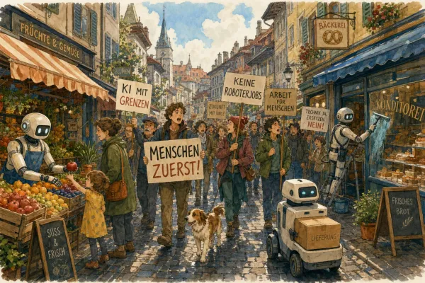 Aquarell-Illustration: Demonstranten ziehen mit Schildern wie «Menschen zuerst» und «KI mit Grenzen» durch eine Altstadtgasse, während Roboter in den Läden weiterarbeiten