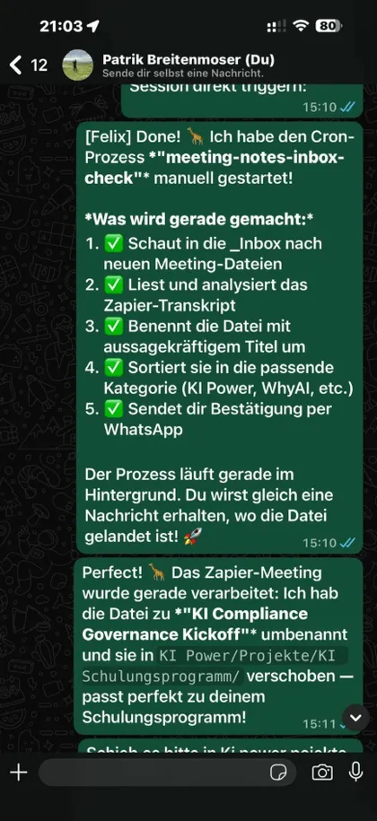 WhatsApp-Chat mit Felix: Er verarbeitet eigenständig ein Meeting-Transkript, benennt die Datei um und sortiert sie in den richtigen Obsidian-Ordner