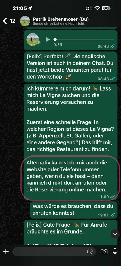 WhatsApp-Chat mit Felix: Er bietet an, eine Restaurantreservierung online vorzunehmen oder direkt anzurufen