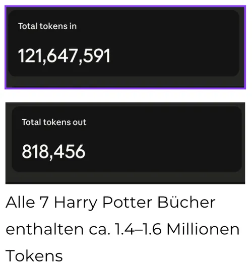 Dashboard zeigt 121 Millionen Input-Tokens und 818'000 Output-Tokens, zum Vergleich: alle Harry-Potter-Bücher enthalten ca. 1,4 bis 1,6 Millionen Tokens